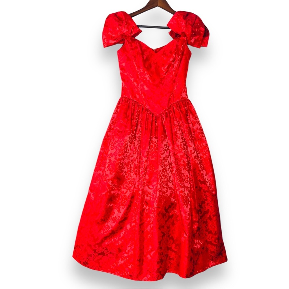 Vintage 80s Jessica McClintock Gunne Sax Red Dress Sz 3/4 Bows Shoulder Straps